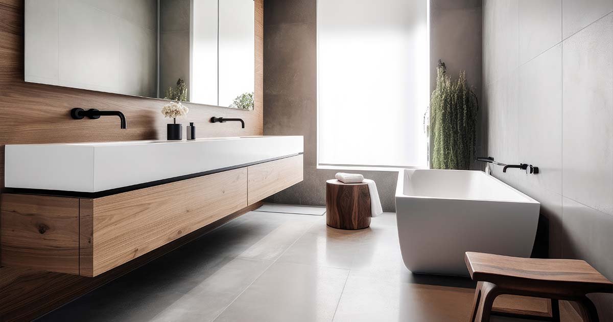 Bagno ristrutturato moderno con mobile in legno e vasca freestanding