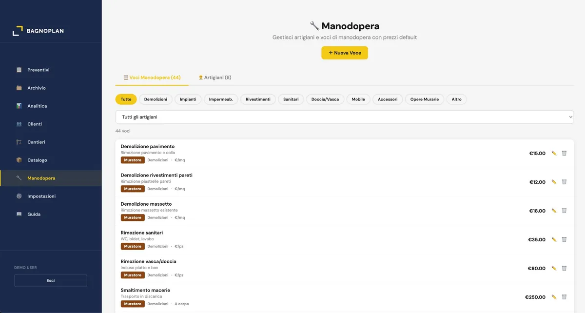 Gestione manodopera per preventivi bagno - screenshot BAGNOPLAN