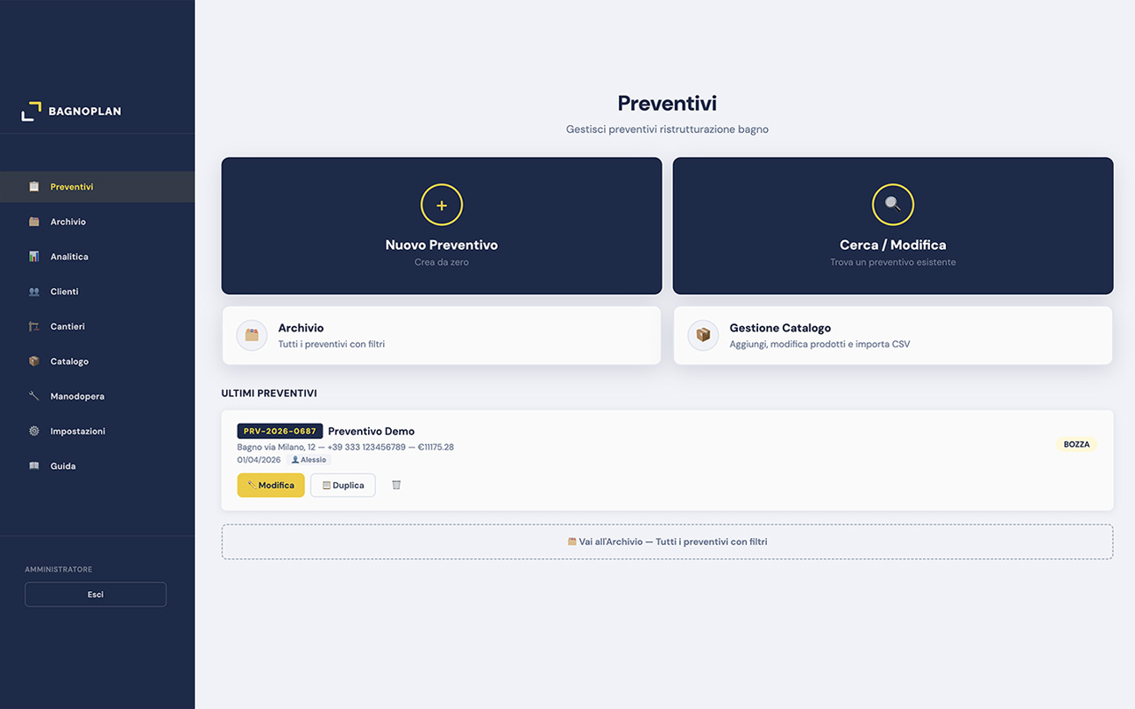 Schermata lista preventivi BAGNOPLAN