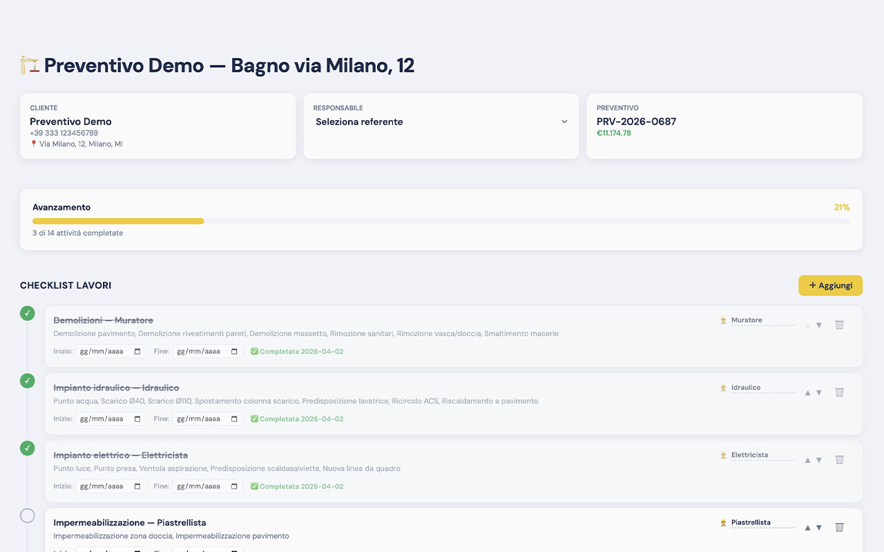Gestione cantiere BAGNOPLAN - checklist lavori per bagno con artigiani assegnati